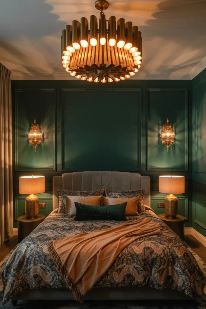 28 Maximalist Bedroom Decor Ideas That Mix Comfort, Color, and Chaos Beautifully 7 Play with Statement Lighting