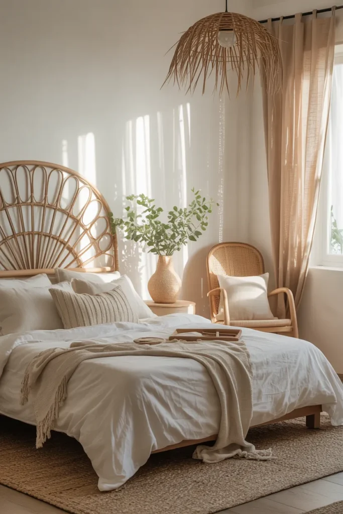 25 Beautiful Boho Bedroom Ideas That Bring Comfort and Soul to Your Space 5 Rattan and Wicker Accents for Natural Charm
