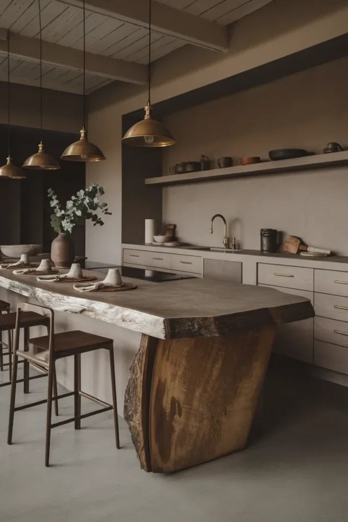 Raw Edge Stone Counter with Aged Brass Fixtures