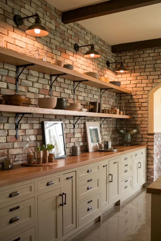 Reclaimed Brick Accent Wall with Open Shelves and Iron Details
