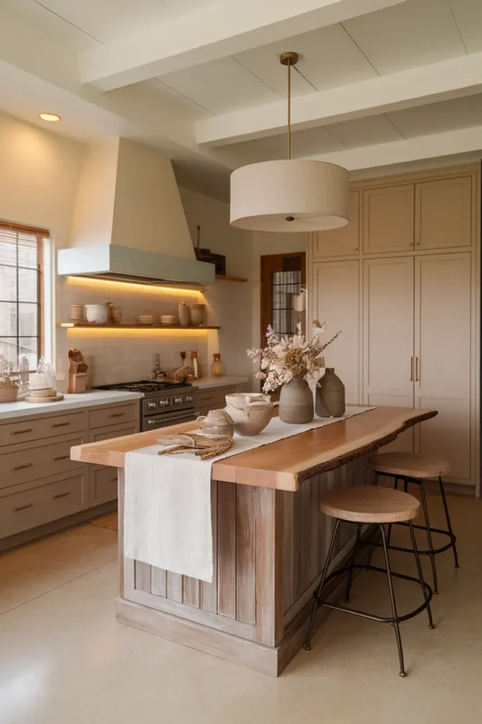 Reclaimed Wood Island with Stoneware and Soft Lighting