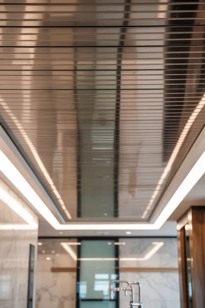 30 False Ceiling Ideas That Instantly Make Your Home Look More Luxurious 24 Reflective Metallic False Ceiling with Linear Strips