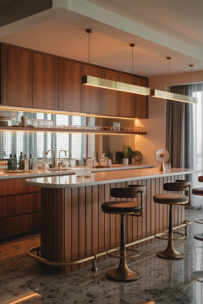 Retro-Inspired Bar with Teak and Mirror Backsplash