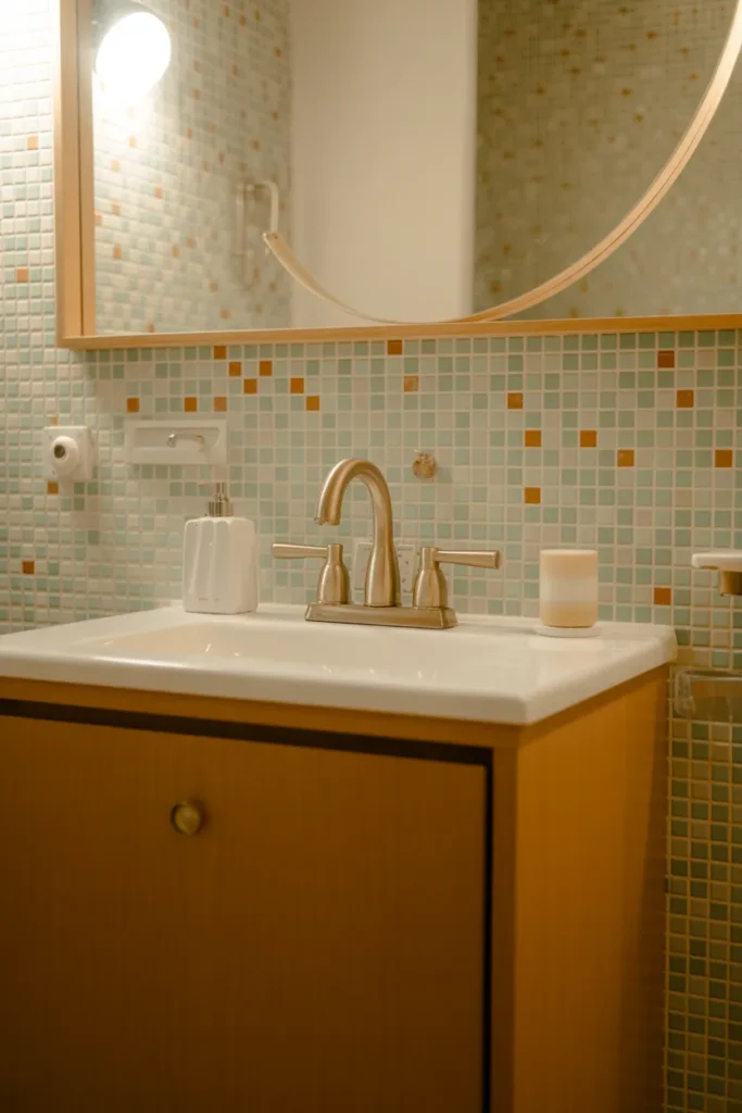 20 Mid Century Modern Bathroom Ideas That Instantly Elevate Your Space 14 Retro Mosaic Backsplash Behind Vanity