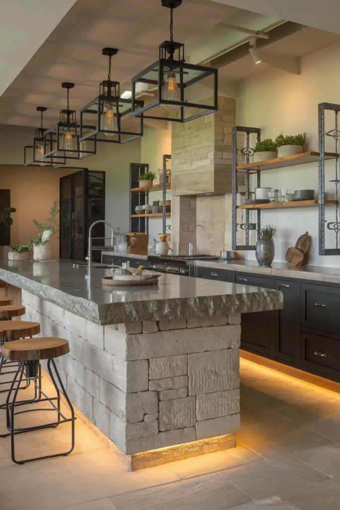 25 Dark & Moody Kitchen Ideas That Make Shadows Feel Luxurious 25 Rustic Stone Island with Modern Fixtures