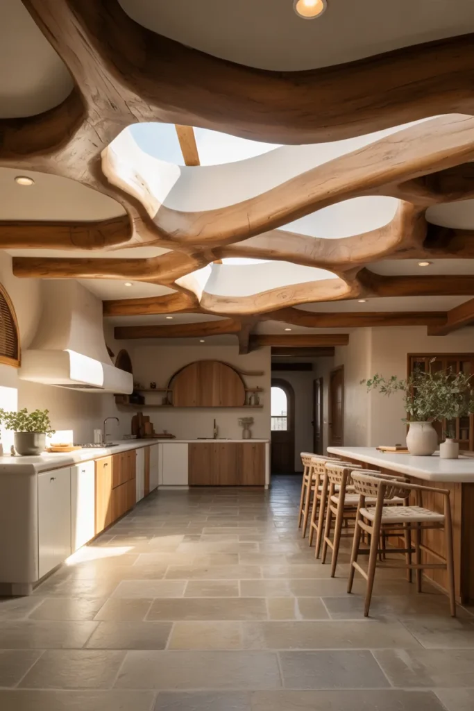 Sculpted Wood Ceiling Beams with Neutral Stone Flooring