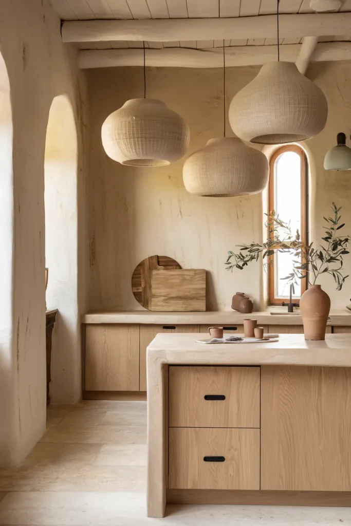 Sculptural Pendant Lights with Textured Walls and Warm Wood