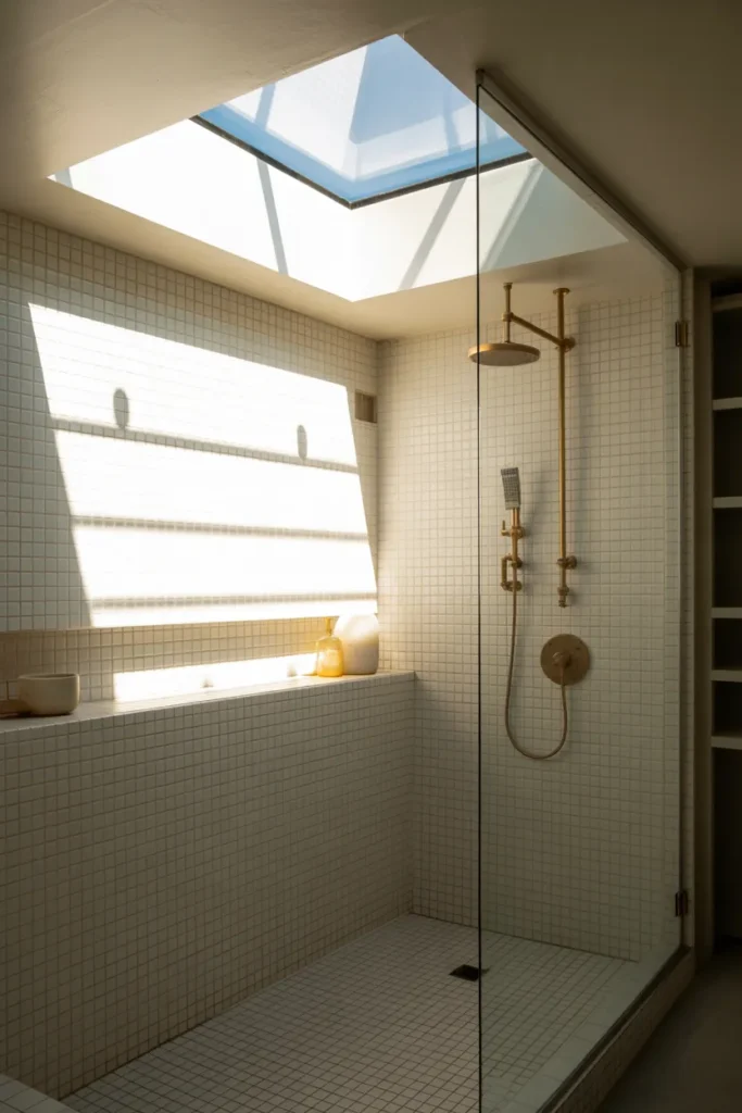 20 Mid Century Modern Bathroom Ideas That Instantly Elevate Your Space 18 Skylight Above the Shower