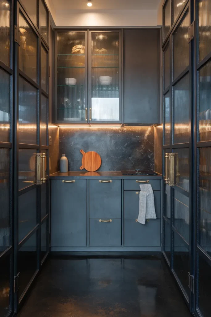 25 Dark & Moody Kitchen Ideas That Make Shadows Feel Luxurious 3 Smoked Glass and Soft Brass Layers