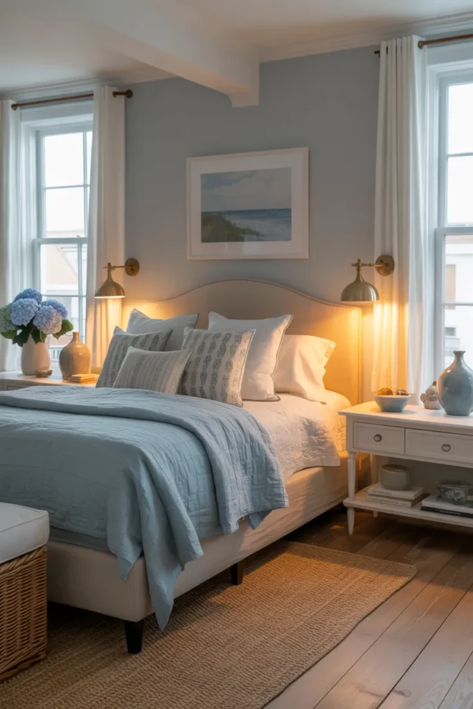 17 Warm and Elegant Nancy Meyers Bedroom Aesthetic Ideas for Timeless Comfort 11 Soft Blue Accents for a Serene Touch