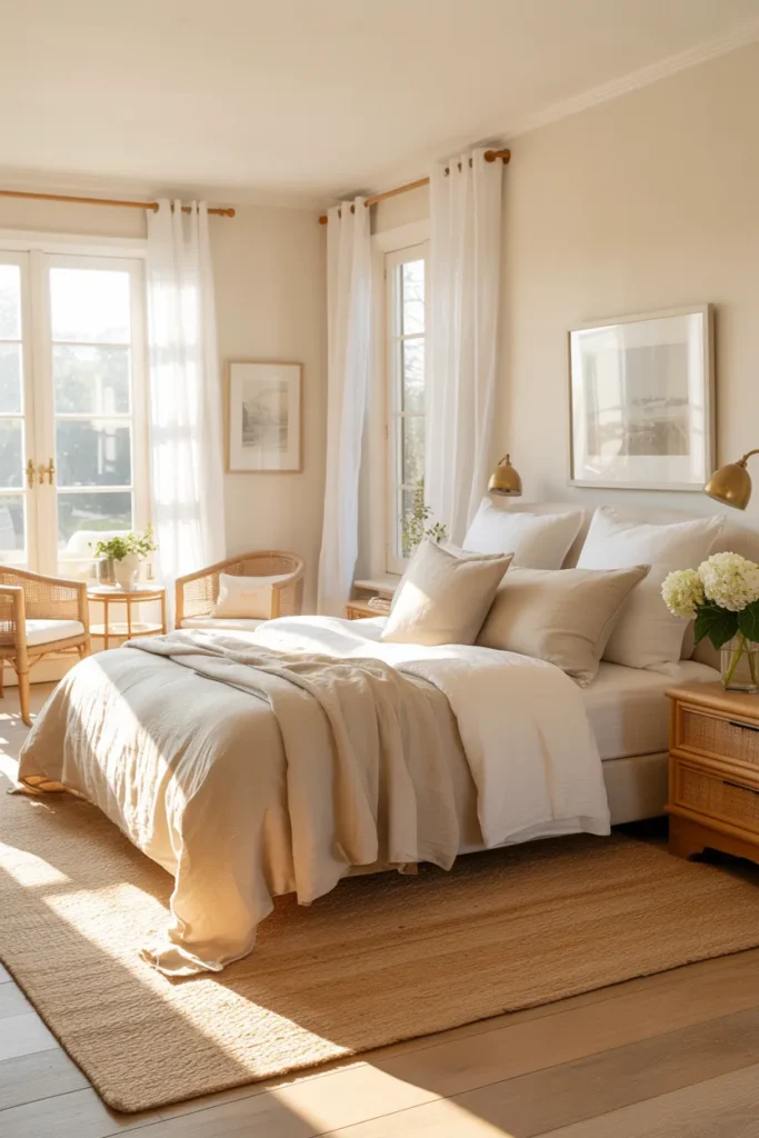 17 Warm and Elegant Nancy Meyers Bedroom Aesthetic Ideas for Timeless Comfort 2 Soft Neutrals and Sun-Soaked Warmth