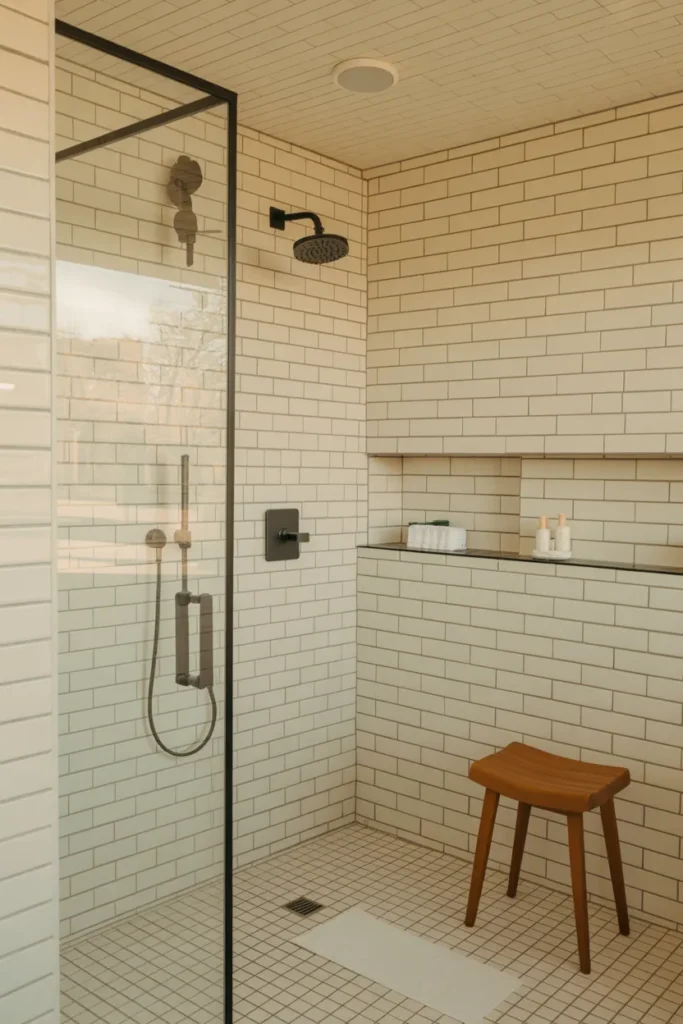 20 Mid Century Modern Bathroom Ideas That Instantly Elevate Your Space 4 Stacked Subway Tile and Frameless Shower