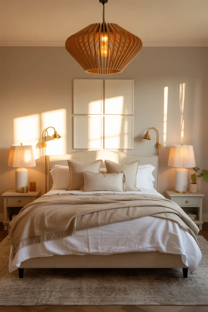 17 Warm and Elegant Nancy Meyers Bedroom Aesthetic Ideas for Timeless Comfort 8 Statement Lighting with Subtle Drama