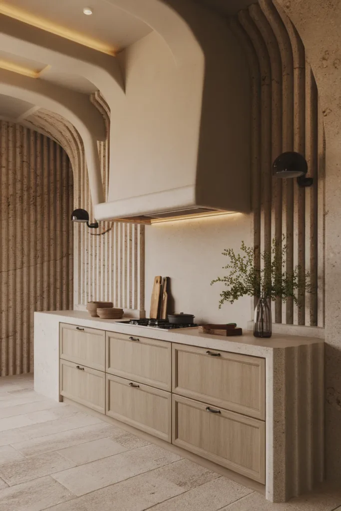 Stone Clad Backsplash with Floating Hood and Matte Fixtures