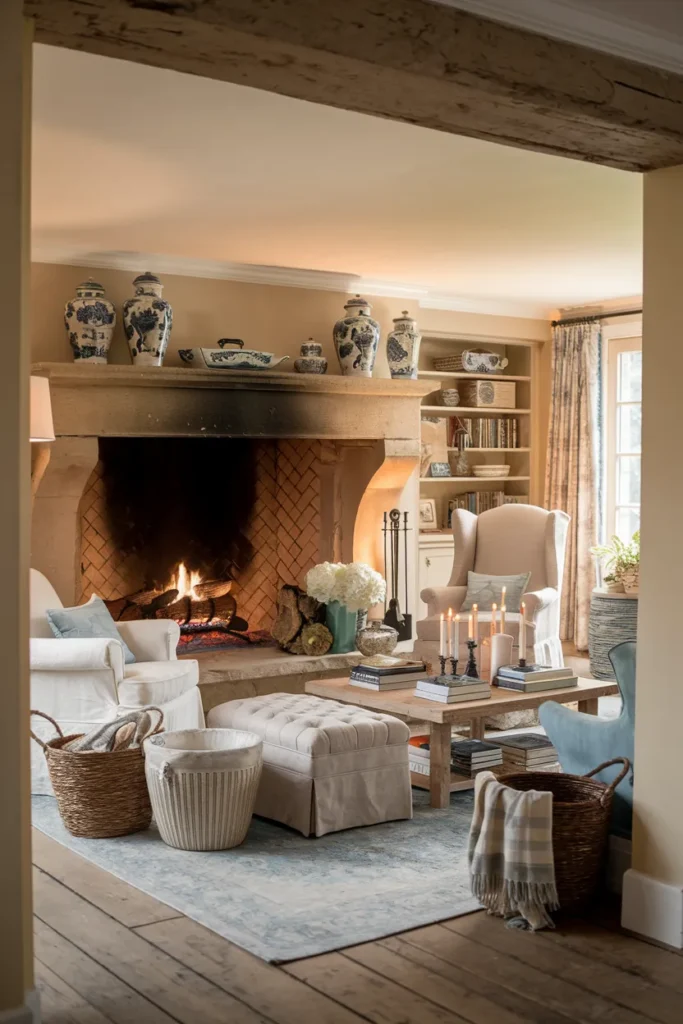 Stone Hearth with Blue and White Charm