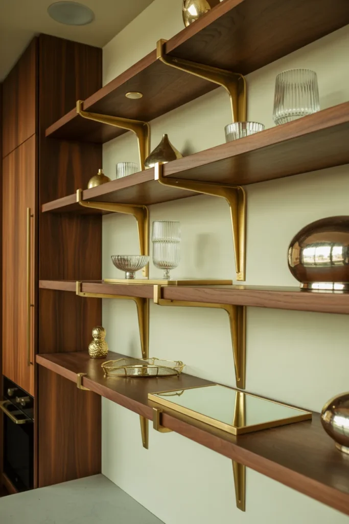 Streamlined Walnut and Brass Open Shelving