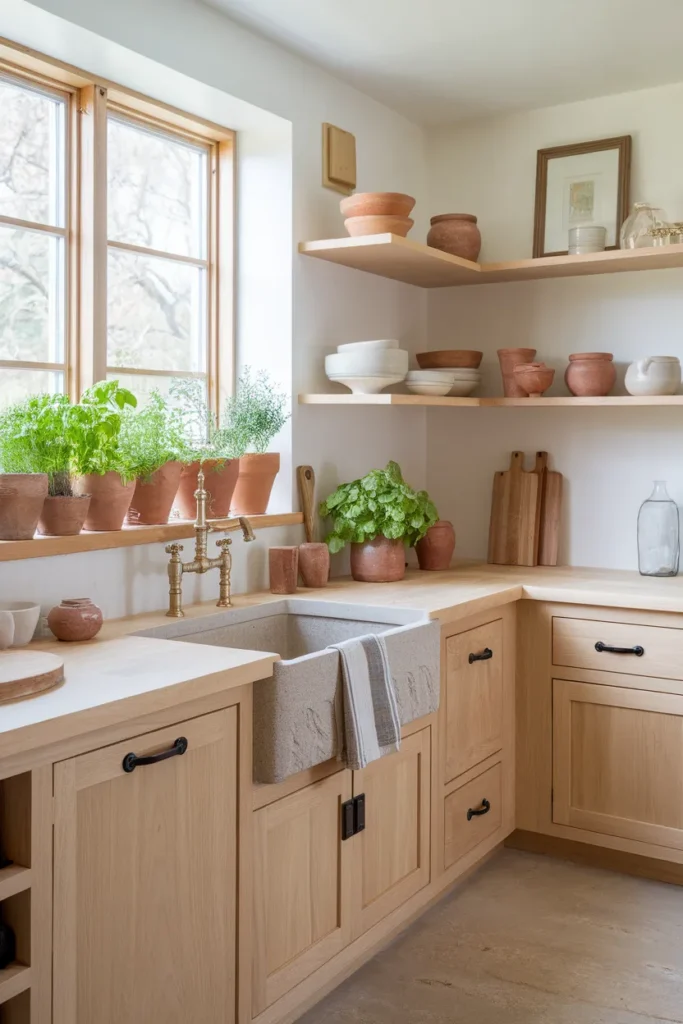 Sun Ledge Herb Garden with Stone Sink and Open Shelves
