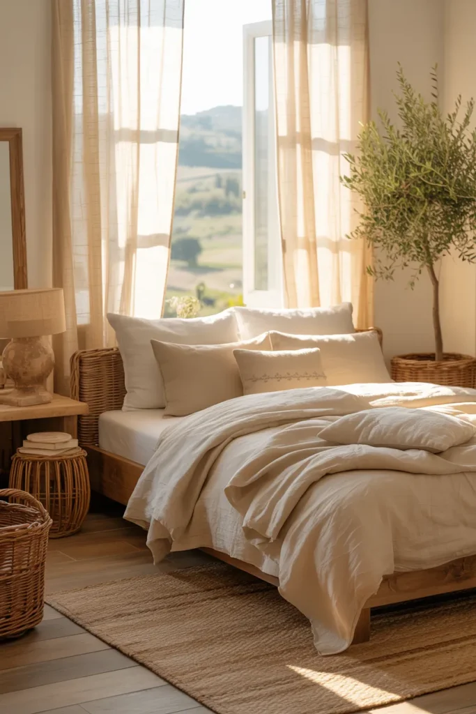 15 Tuscan Bedroom Ideas That Bring Italy’s Warmth Straight Into Your Home 7 Sunlit Linen Comfort