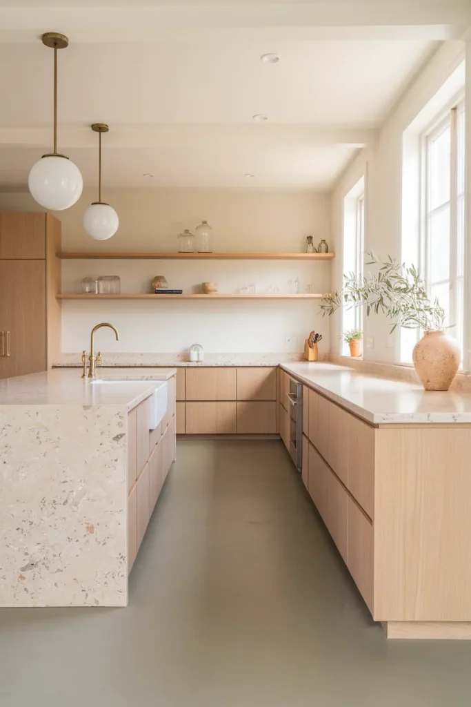 Terrazzo Island with Minimal Shelving and Brass Touches
