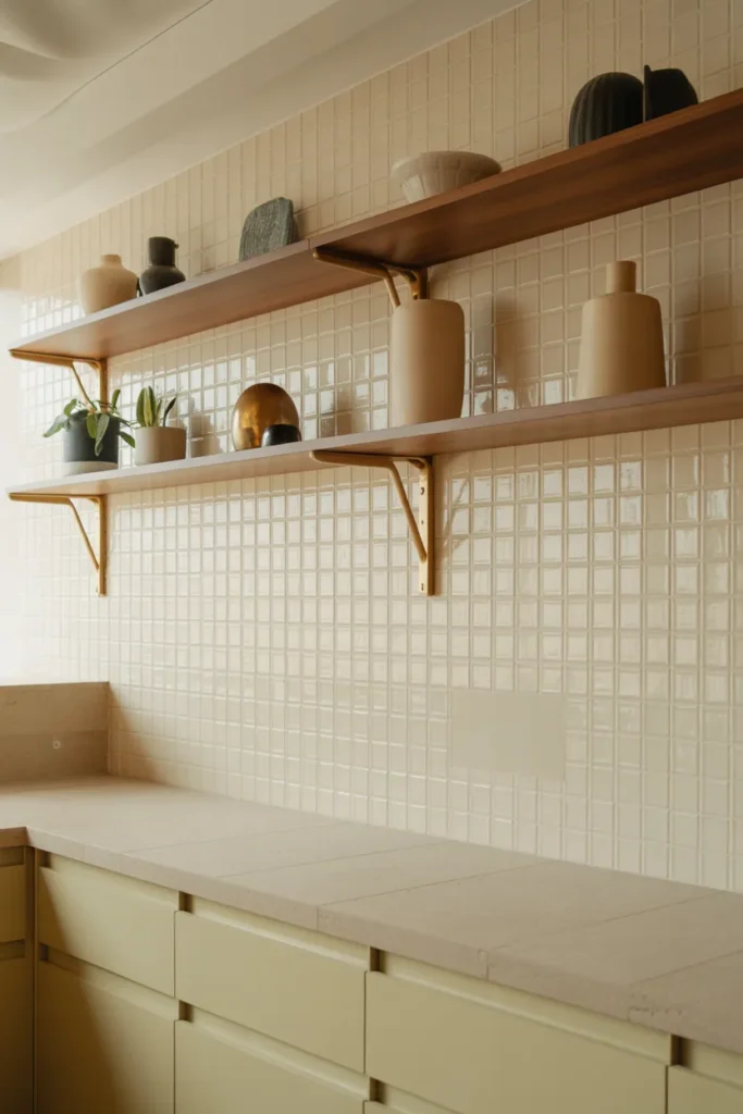 Textured Backsplash with Open Display Shelves