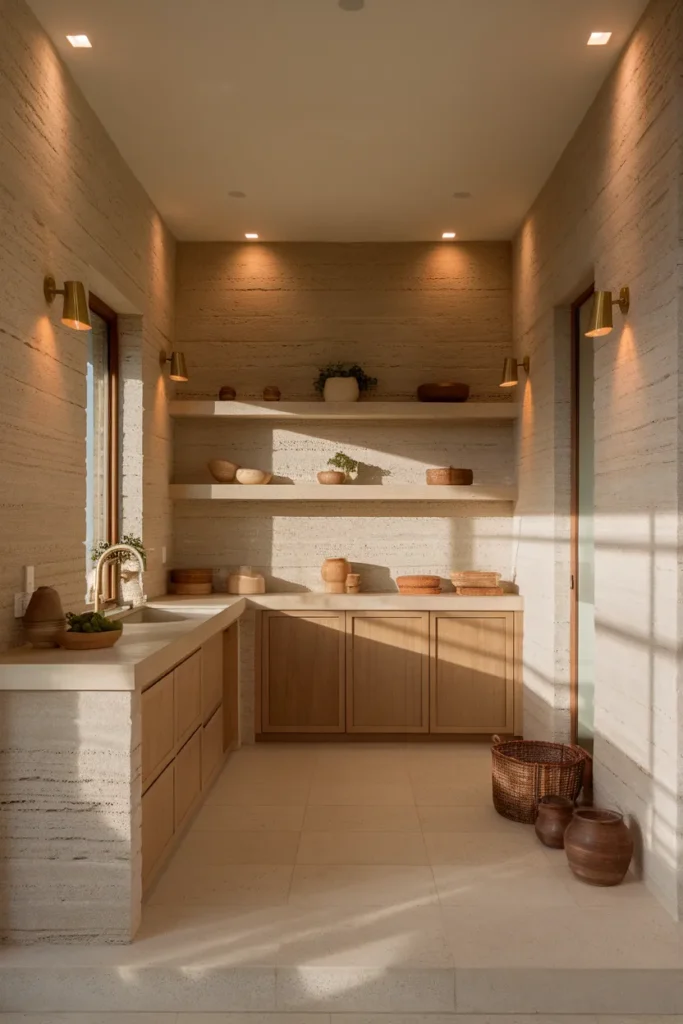 Textured Limestone Walls with Open Oak Shelving