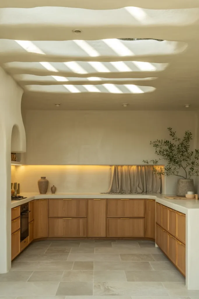 Textured Plaster Ceiling with Stone Floors and Soft Lighting