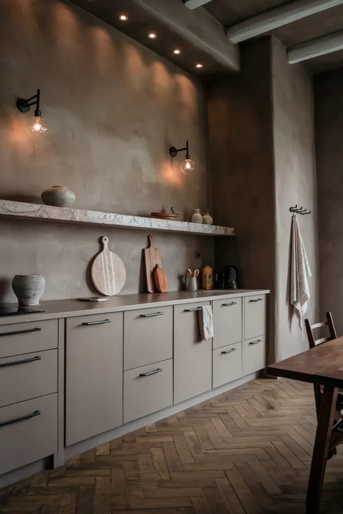 25 Dark & Moody Kitchen Ideas That Make Shadows Feel Luxurious 4 Textured Plaster Walls with Stone Drama