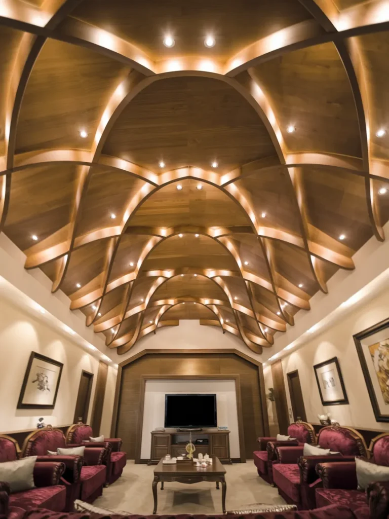 30 False Ceiling Ideas That Instantly Make Your Home Look More Luxurious 2 Vaulted Wooden False Ceiling with Ambient Lighting