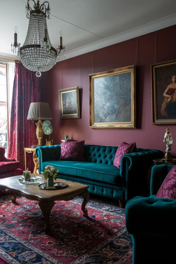 Velvet Chesterfield and Layered Persian Rugs