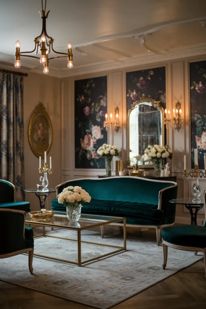 Velvet Sofas and Antique Gold Touches