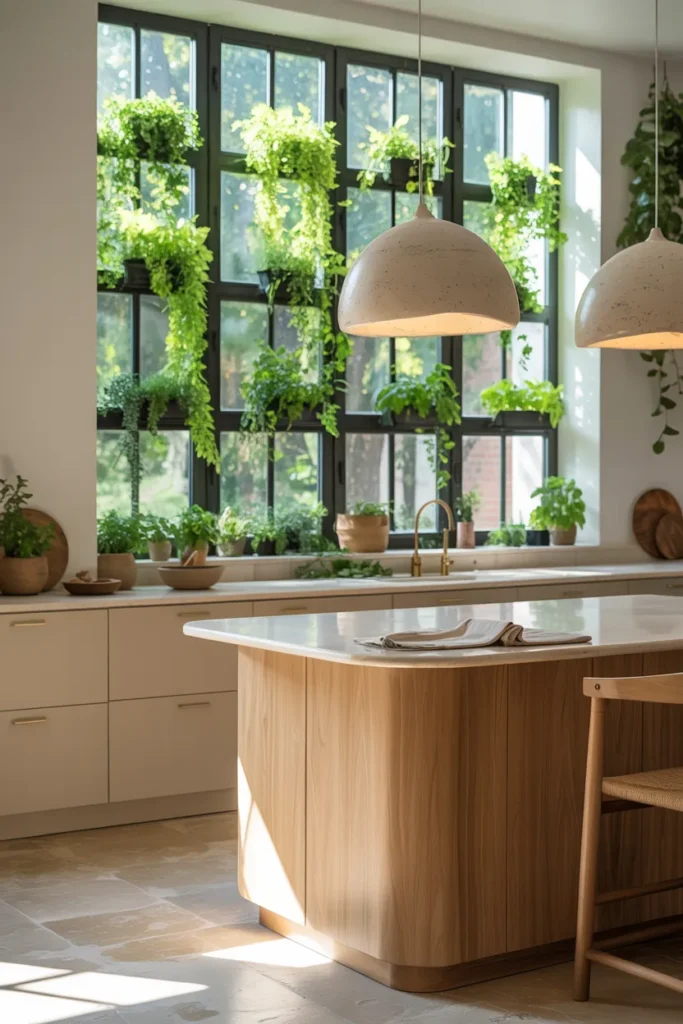 Vertical Garden Window with Light Oak Island and Ceramic Lighting