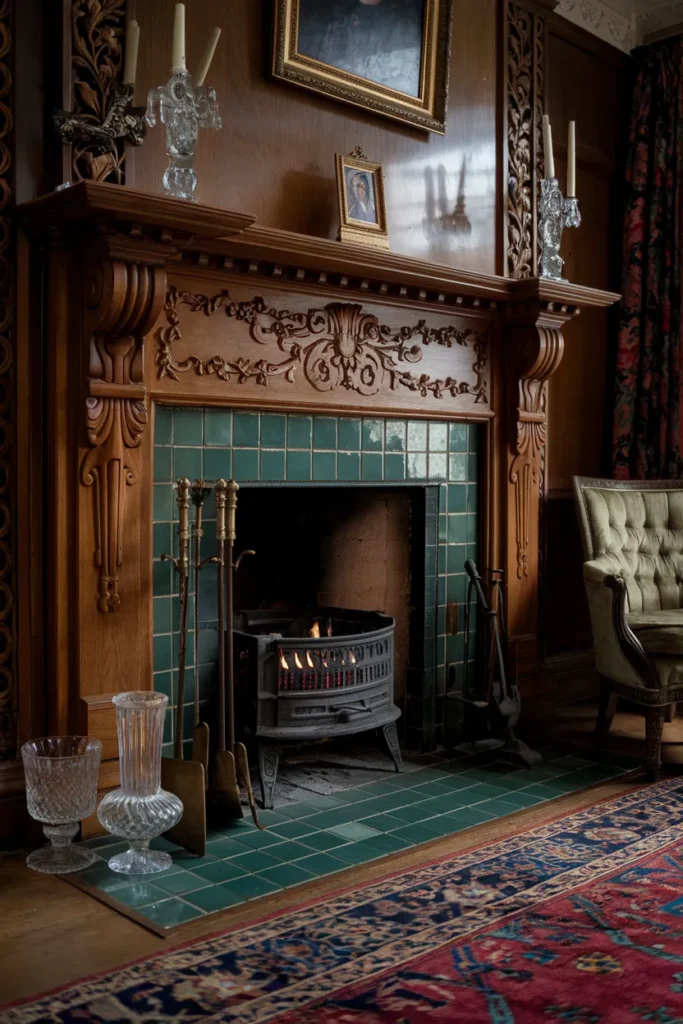 Victorian Fireplace with Carved Wood Mantel
