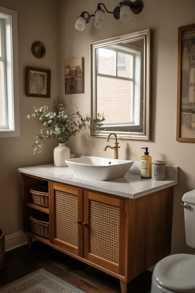 20 Mid Century Modern Bathroom Ideas That Instantly Elevate Your Space 9 Vintage Cabinet Turned Vanity