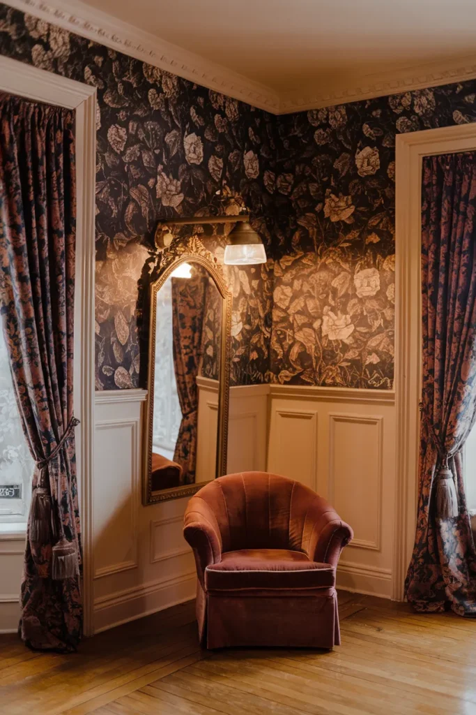Vintage Floral Wallpaper and Wainscoting Harmony