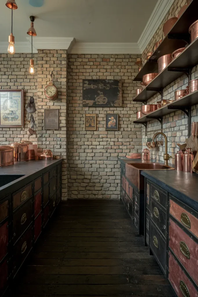Vintage Kitchen with Exposed Brick and Copper Accents