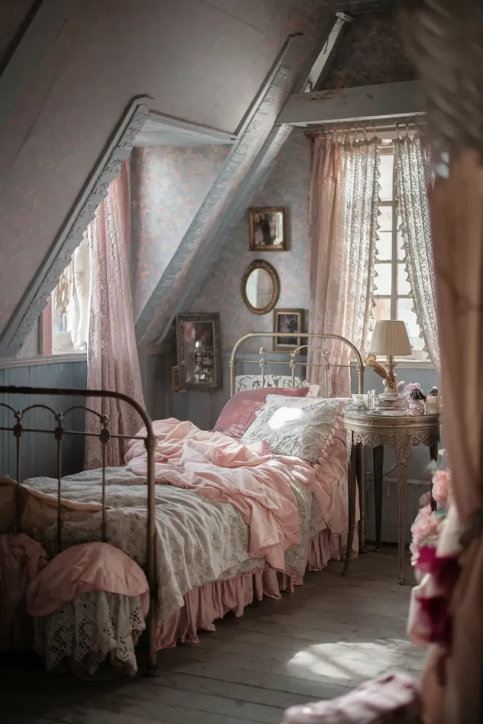 30 Attic Bedroom Ideas That Turn Forgotten Spaces into Dreamy Retreats 8 Vintage Romance Under the Rafters