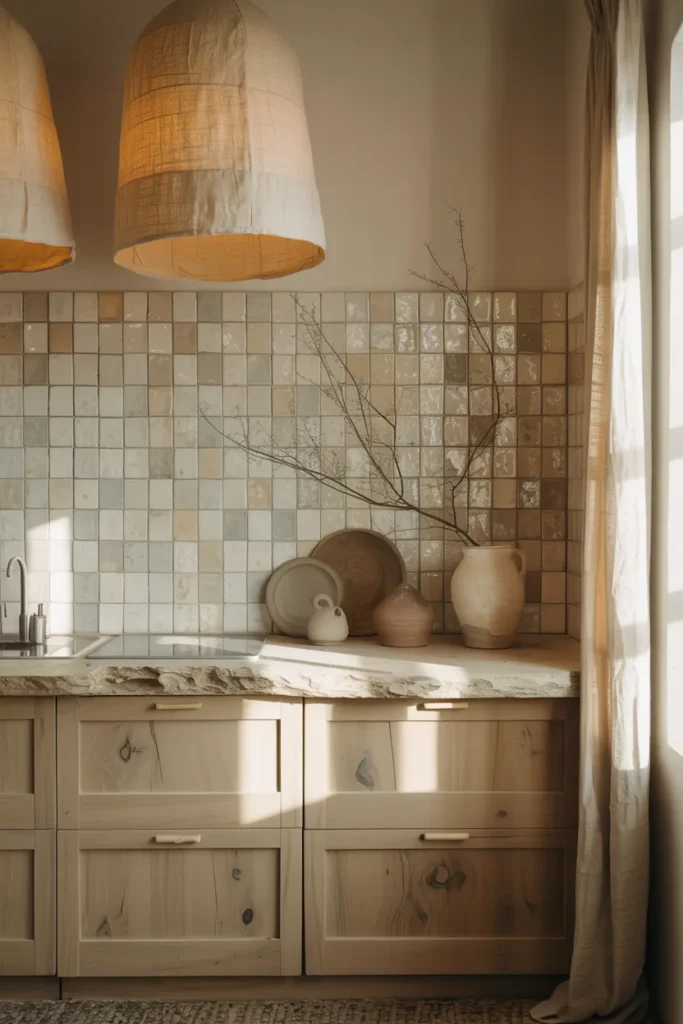 Wabi-Sabi Influence with Uneven Tile and Natural Linens