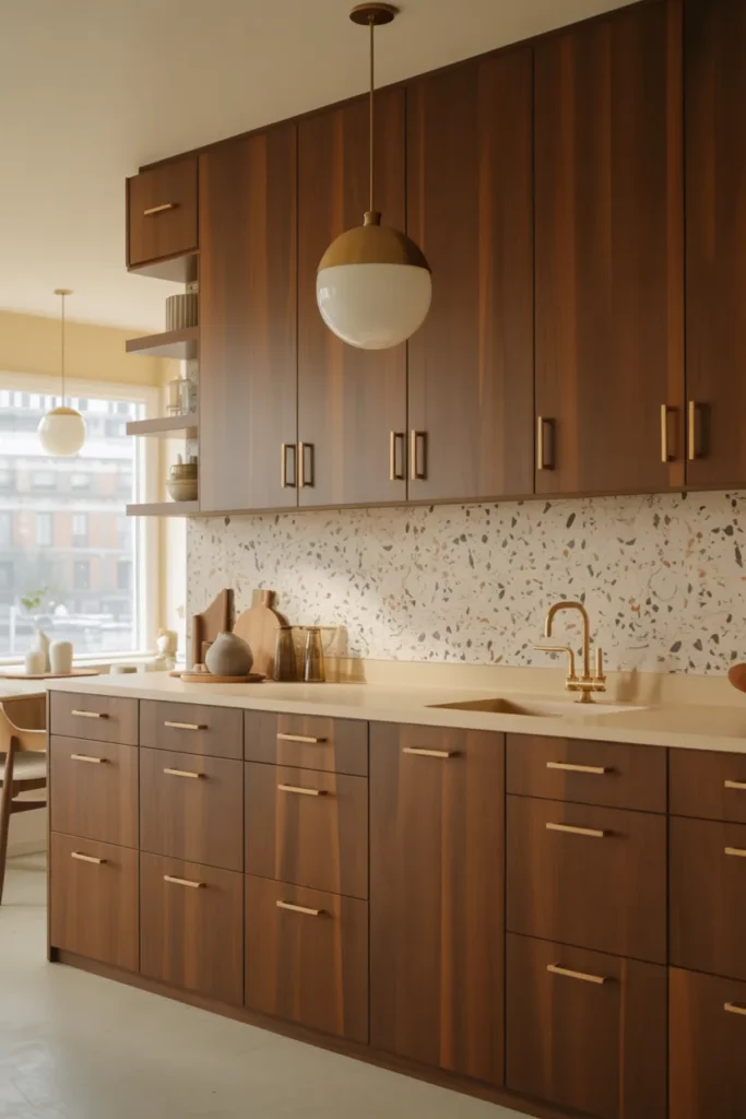 Walnut Slab Cabinets with Warm Brass Accents