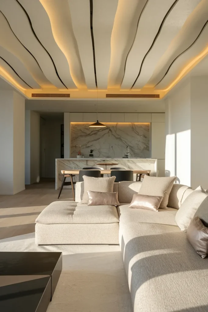 30 False Ceiling Ideas That Instantly Make Your Home Look More Luxurious 15 Wave-Inspired False Ceiling with Ambient Lighting