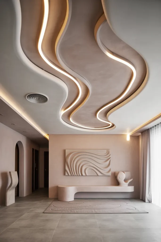 30 False Ceiling Ideas That Instantly Make Your Home Look More Luxurious 4 Wave Pattern POP False Ceiling with Cove Lighting