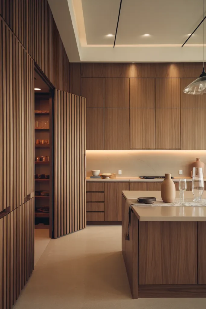 White Oak Slats with Concealed Pantry and Hidden Handles