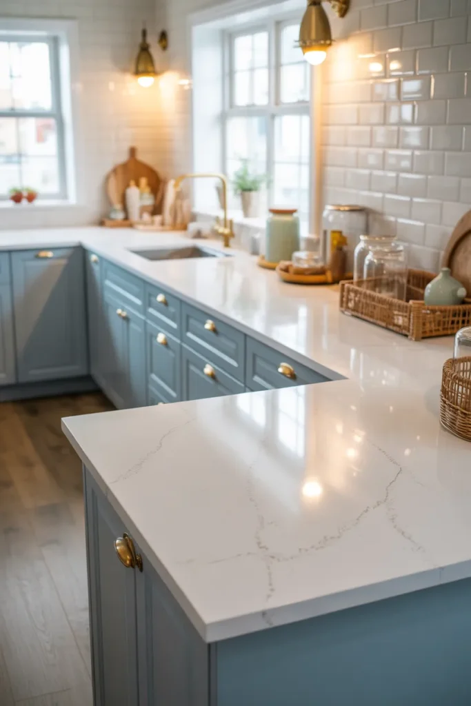 The Ultimate Guide to Small Coastal Kitchen Makeovers with a Breezy Beach Feel 12 White Quartz Countertops with Ocean-Inspired Shine