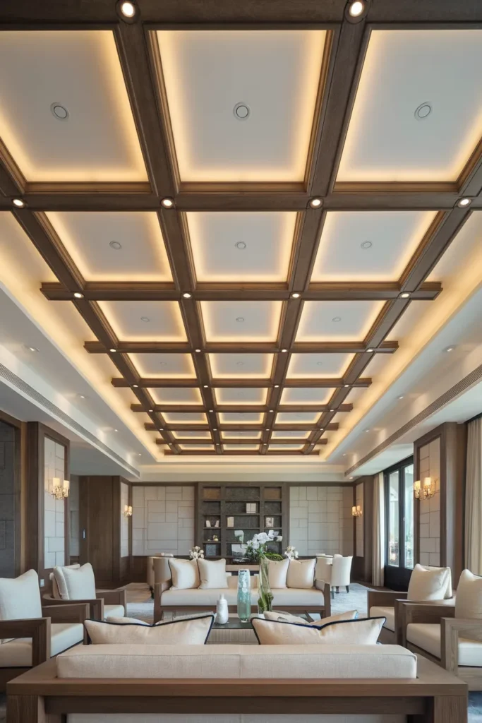 30 False Ceiling Ideas That Instantly Make Your Home Look More Luxurious 11 Wooden Grid False Ceiling with Recessed Lighting
