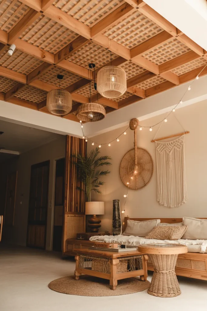 30 False Ceiling Ideas That Instantly Make Your Home Look More Luxurious 20 Wooden Lattice False Ceiling with Bohemian Charm