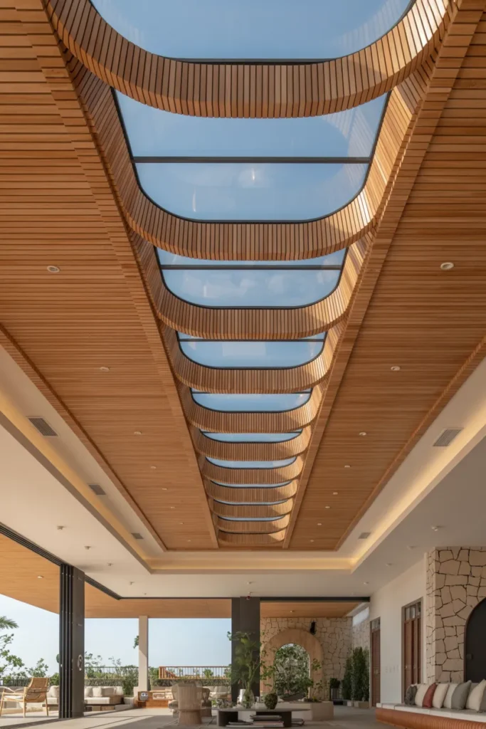 30 False Ceiling Ideas That Instantly Make Your Home Look More Luxurious 23 Wooden Ribbed False Ceiling with Skylight Panels