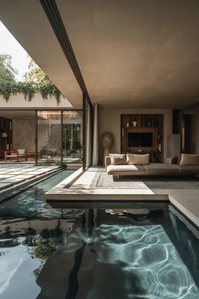 sunken Living Room Surrounded by Water Feature