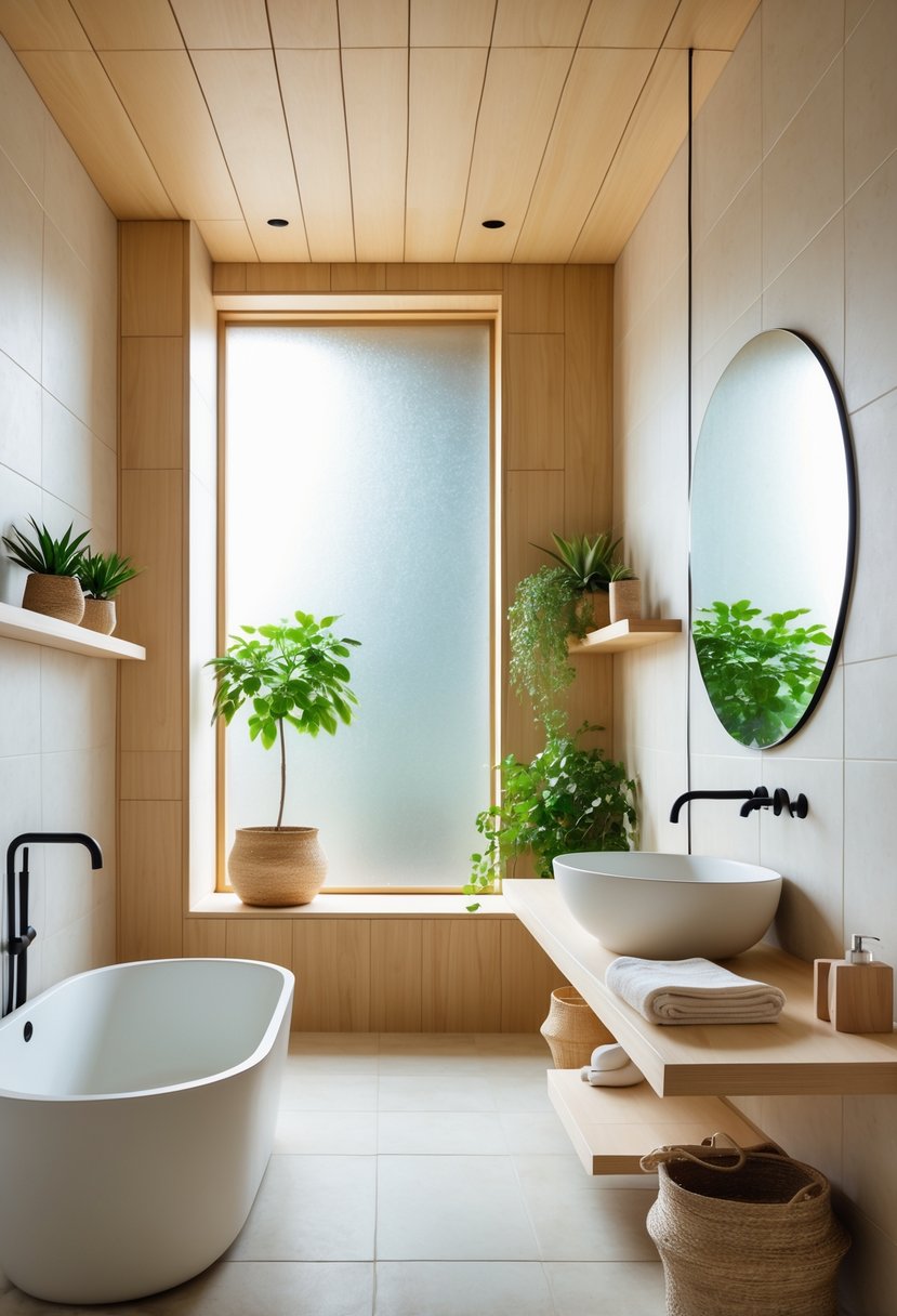 A bright bathroom with a freestanding bathtub, wooden vanity with a round mirror, plants, and natural light coming through a window.