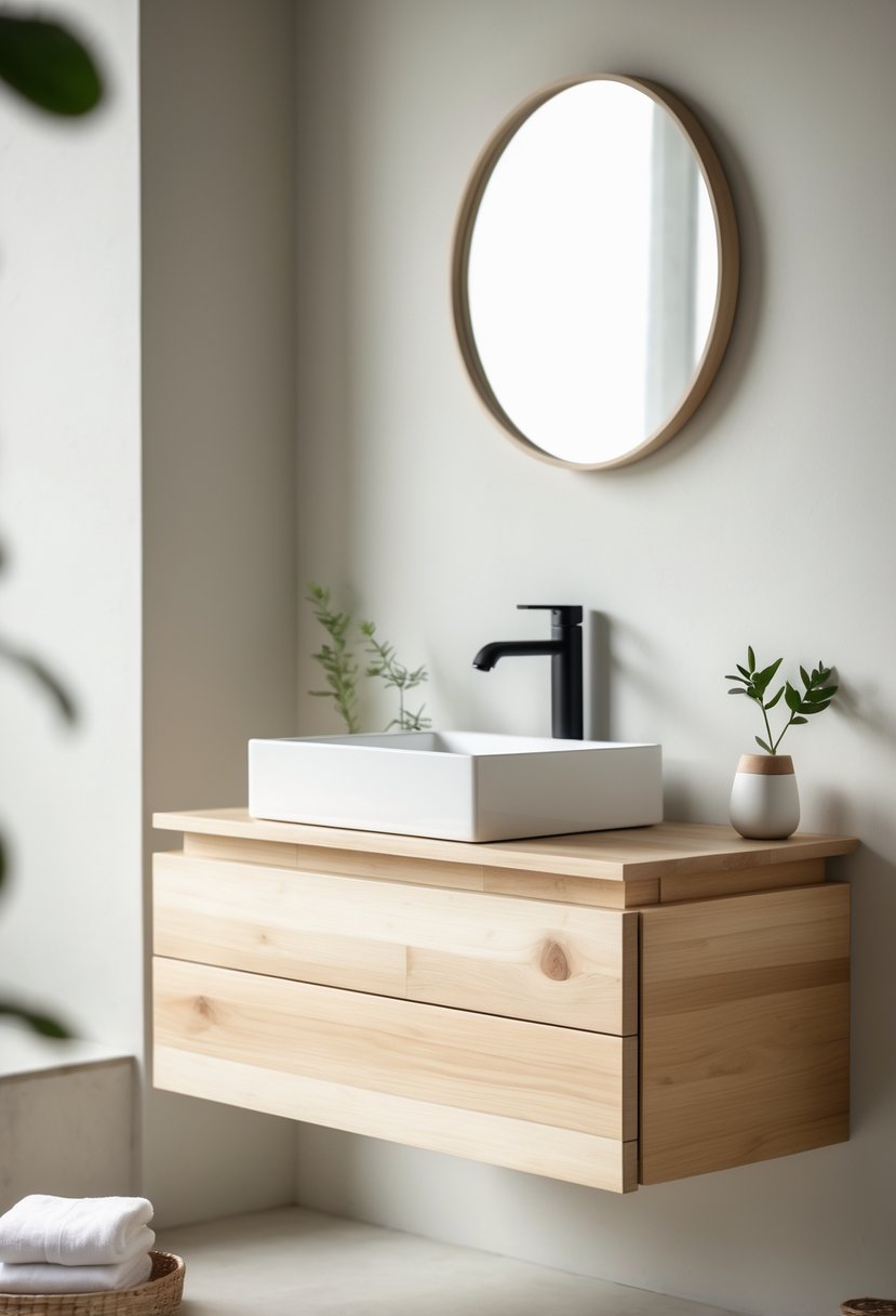 A floating wooden bathroom vanity with a white sink, black faucet, round mirror, small plant, and folded towels in a bright bathroom.