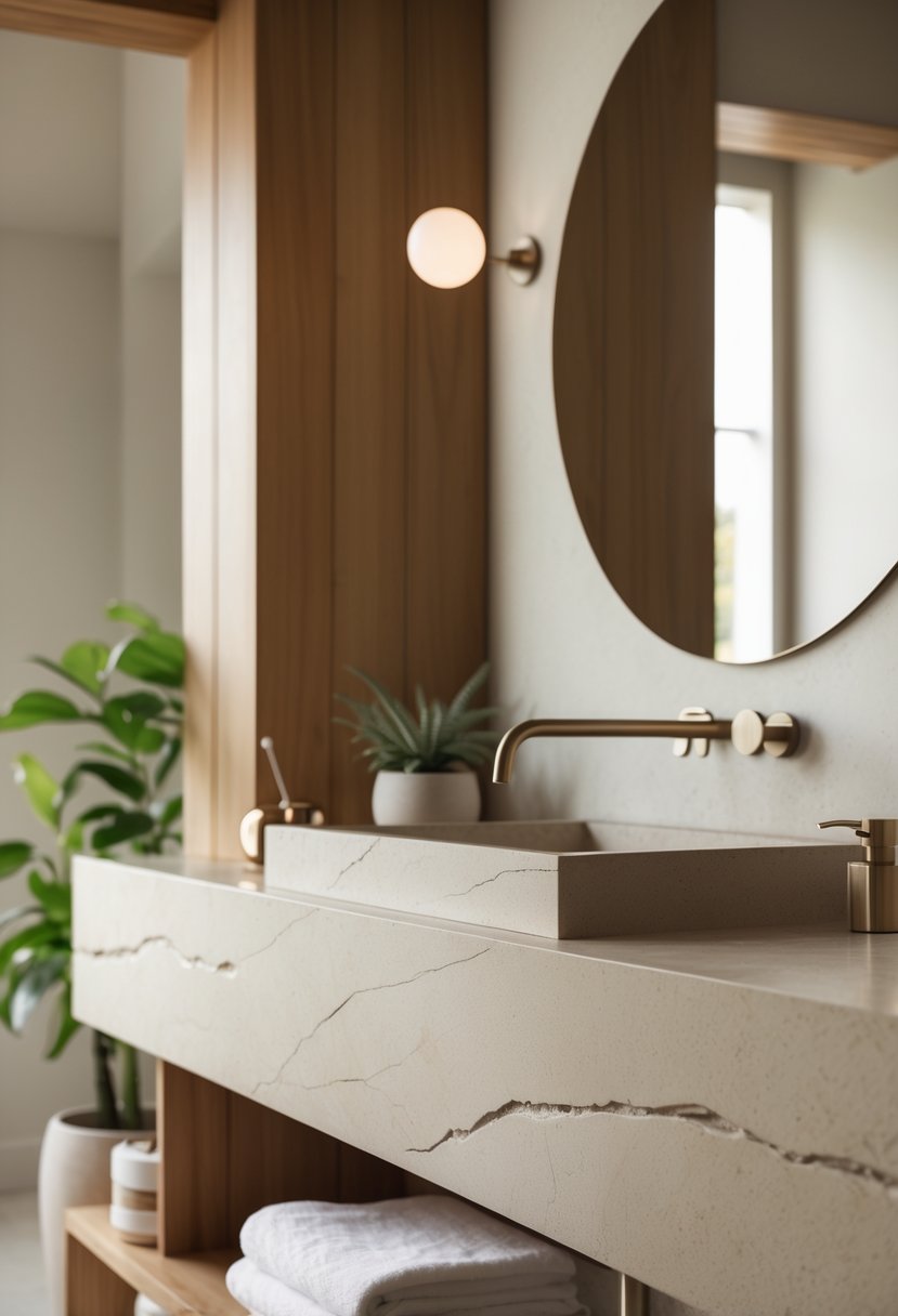 A modern bathroom with natural stone countertops, a round mirror, wooden accents, and a small potted plant.
