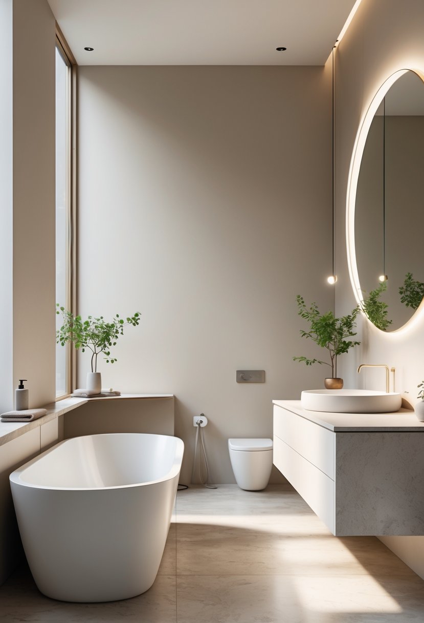 A modern bathroom with a freestanding bathtub, round mirror, light wood vanity, and a small potted plant, all in soft beige and gray tones.